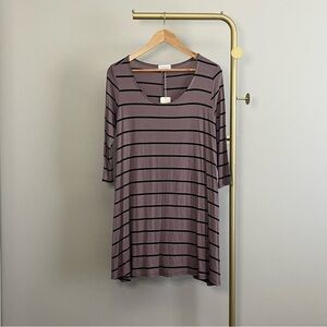 Corner Clothing Mauve & Black Striped 3/4 Sleeve A-Line Tunic Dress - Medium